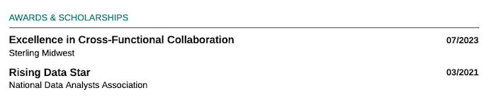 Section for awards on a resume using resume builder 
