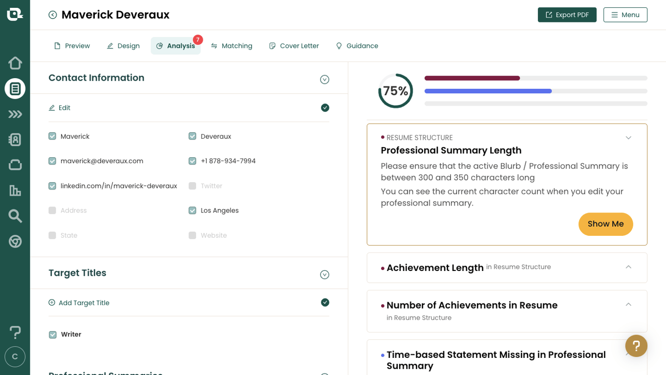 Teal Match Score recommends resume updates