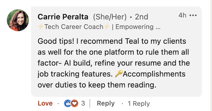 Teal comment on LinkedIn