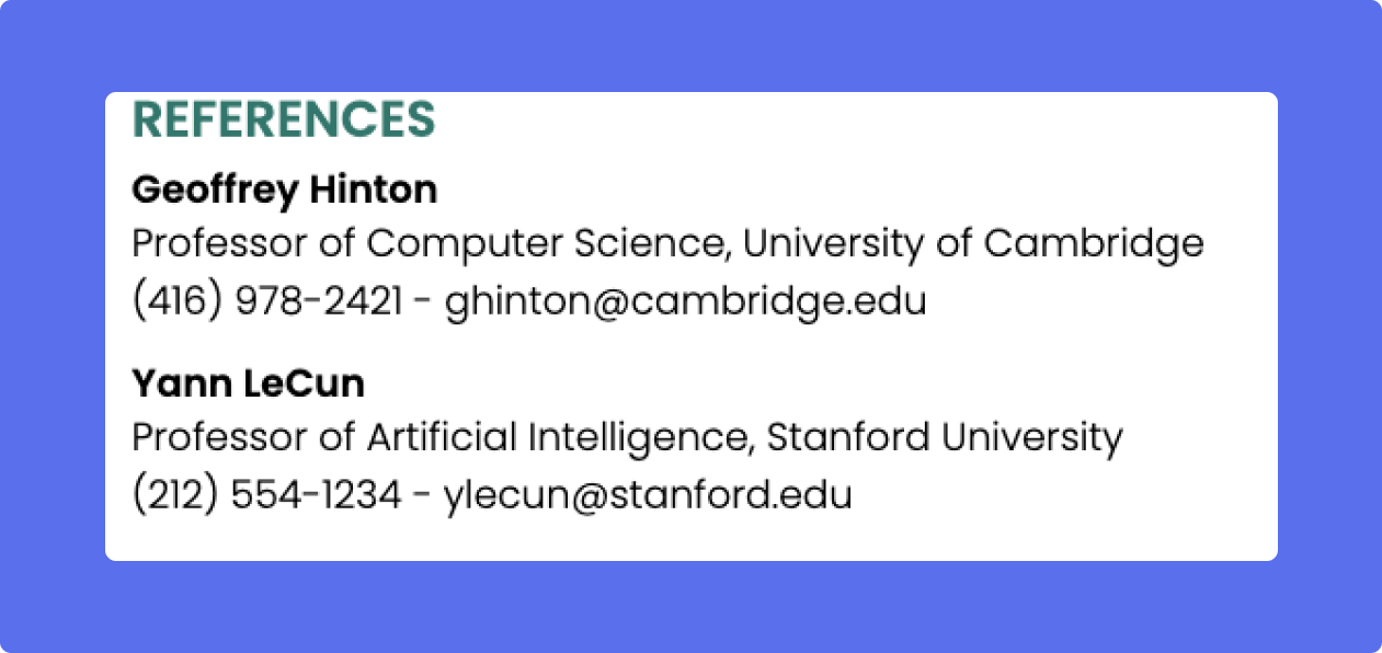 On a PhD resume, include full contact information for your references