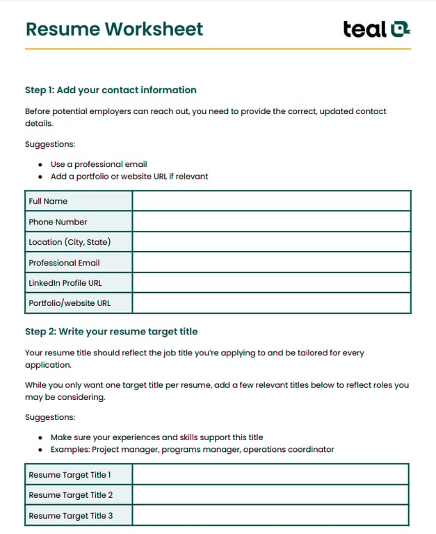A screenshot of a free resume worksheet PDF