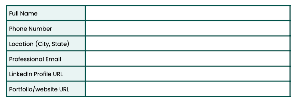 A screenshot of a resume worksheet Contact Information section