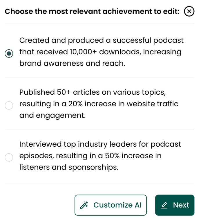 A screenshot of the option to choose from resume achievement examples written by AI