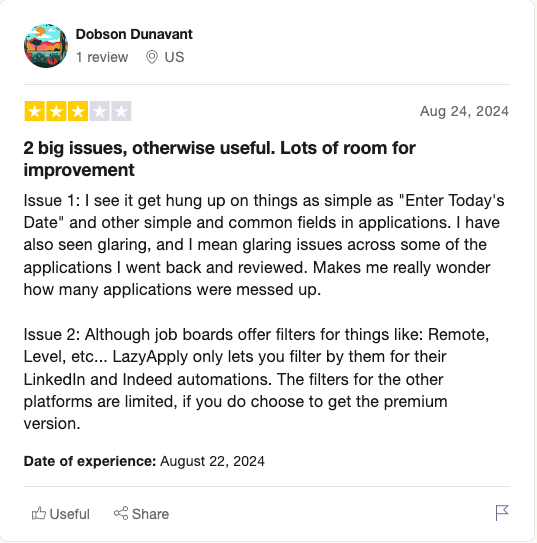 Trustpilot 3-star review questions how many applications LazyApply messed up and limited filters