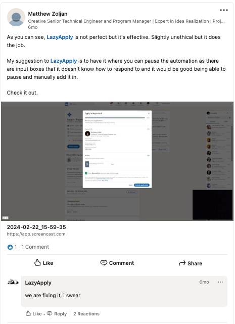 LinkedIn user review calls LazyApply "not perfect but effective" 
