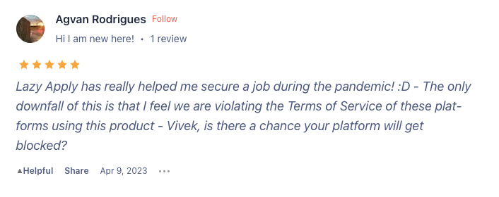 This user is worried using the tool violates the terms of service for platforms like Indeed and LinkedIn 