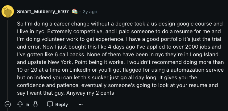 Reddit screenshot of user impressed with this automate job search option, saying “On Indeed you can let this sucker go all day long [without getting flagged].”
