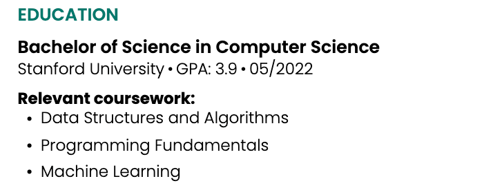 Education section of a resume listing relevant coursework in a bullet point list.