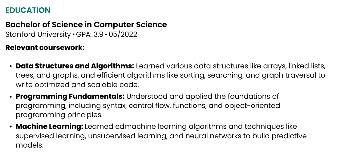 Education section of a resume listing relevant coursework in a bullet point list with descriptions.