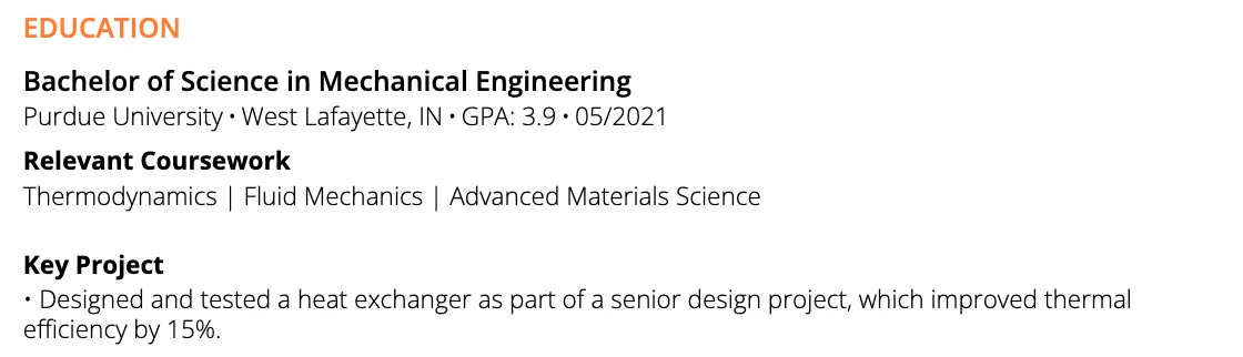 Education section with relevant coursework listed and a Key Project section.