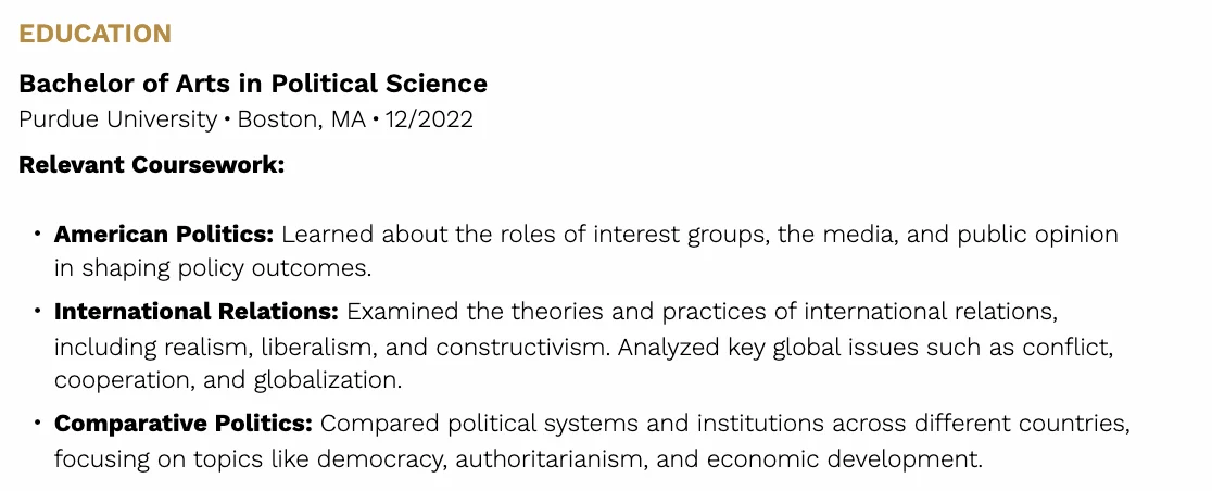 Education section with relevant coursework listed with descriptions.