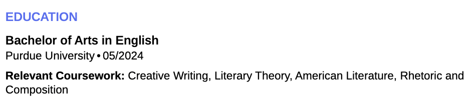 Education section for an English degree with relevant coursework listed.