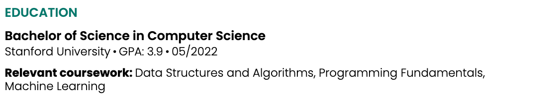 Education section of a resume listing relevant coursework in a separate line.