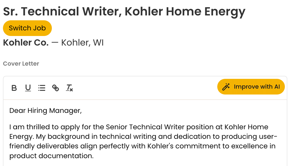 A screenshot showing the automatically generated text from Teal’s AI Cover Letter Generator.