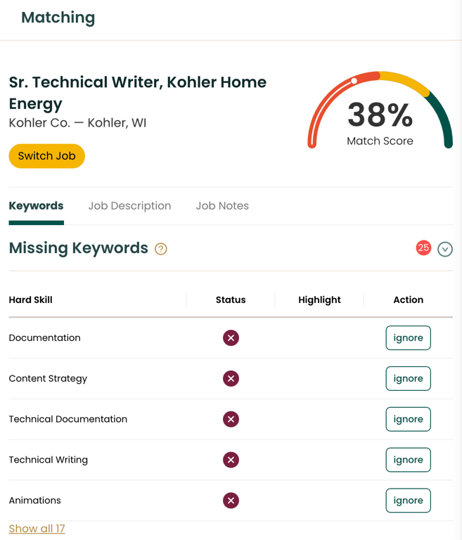 A screenshot of Teal’s Matching Mode displaying a match score of 38% and more hard skills to highlight in a resume and cover letter.