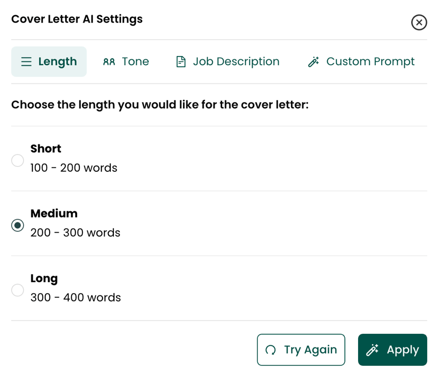 A screenshot of the cover letter AI settings in Teal where you can select a cover letter length: short, medium, or long.