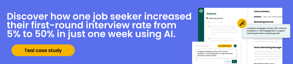 A case study bar describing how one Teal user increased their interviews using AI to write job responsibilities examples