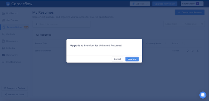 A screenshot of Careerflow's upgrade requirement