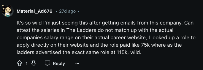 A screenshot of a Ladders review on Reddit