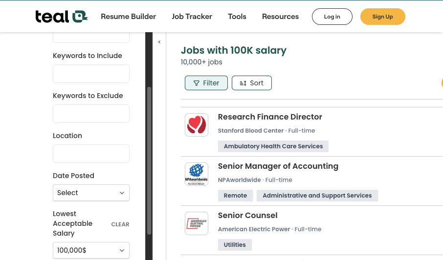 Screenshot of Teal's jobs with 100K salary