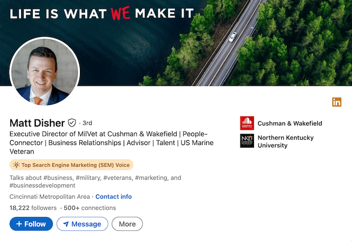 An example LinkedIn headline formMilitary transition to civilian life