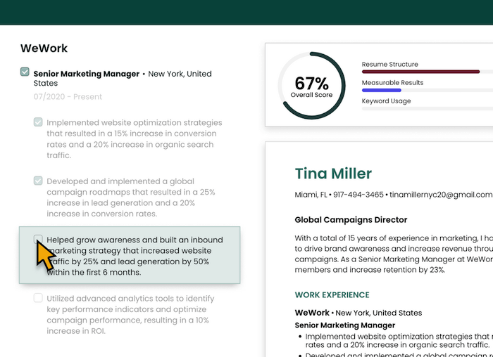 Teal's Resume Builder saves your entire job history to turn on and off for different roles