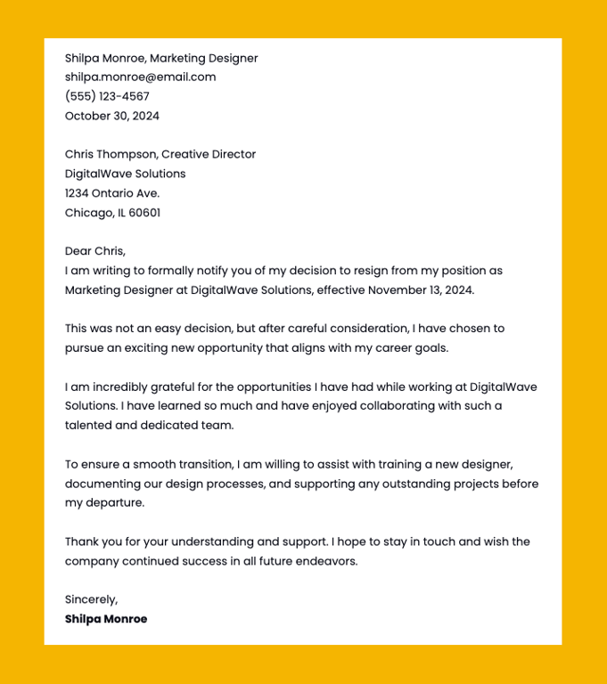 Arpofessional resignation letter example