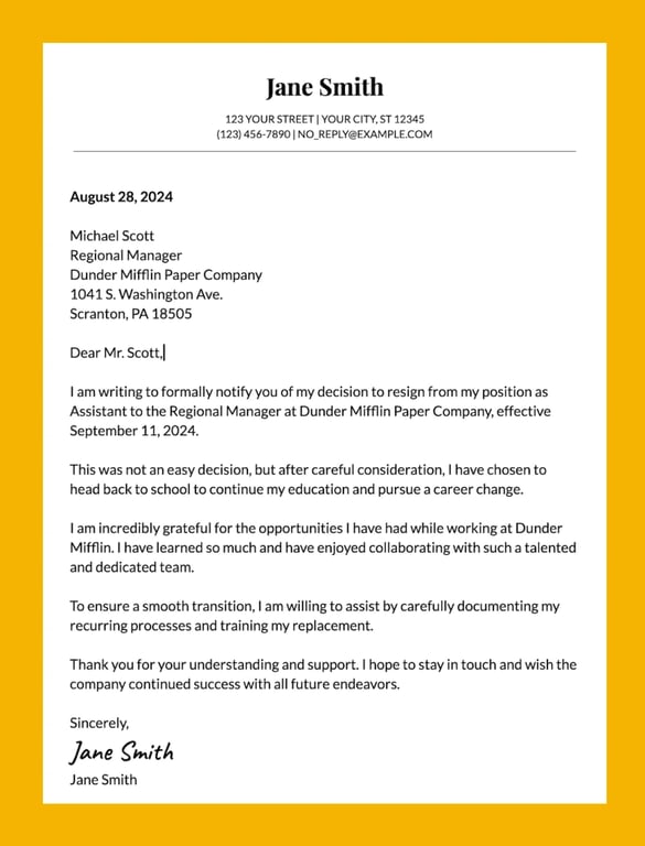 A simple resignation letter example