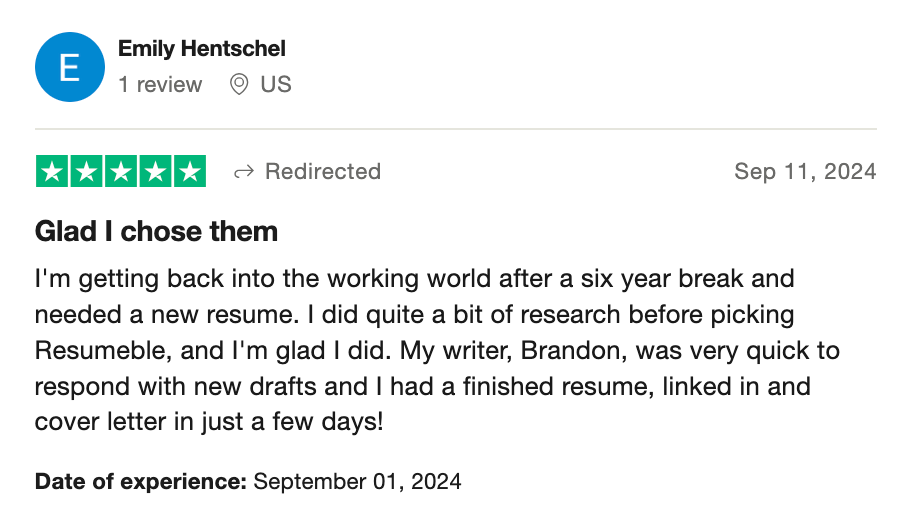 A screenshot of a review of Resumeble