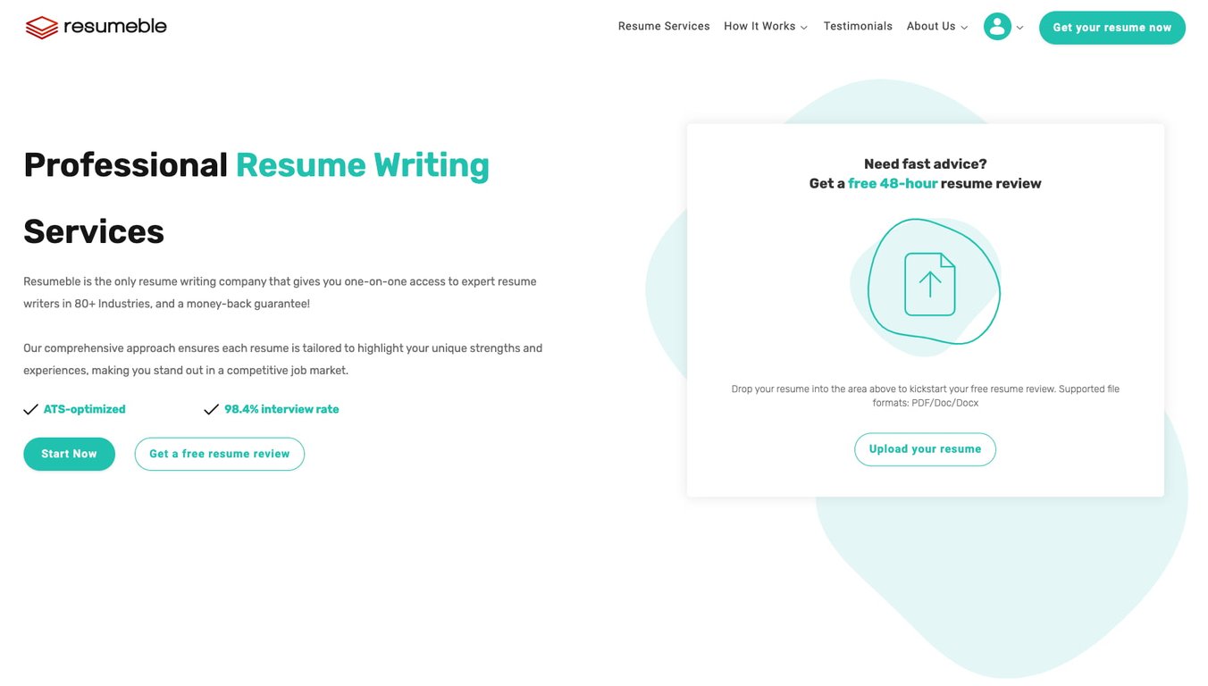 A screenshot of the Resumeble home page