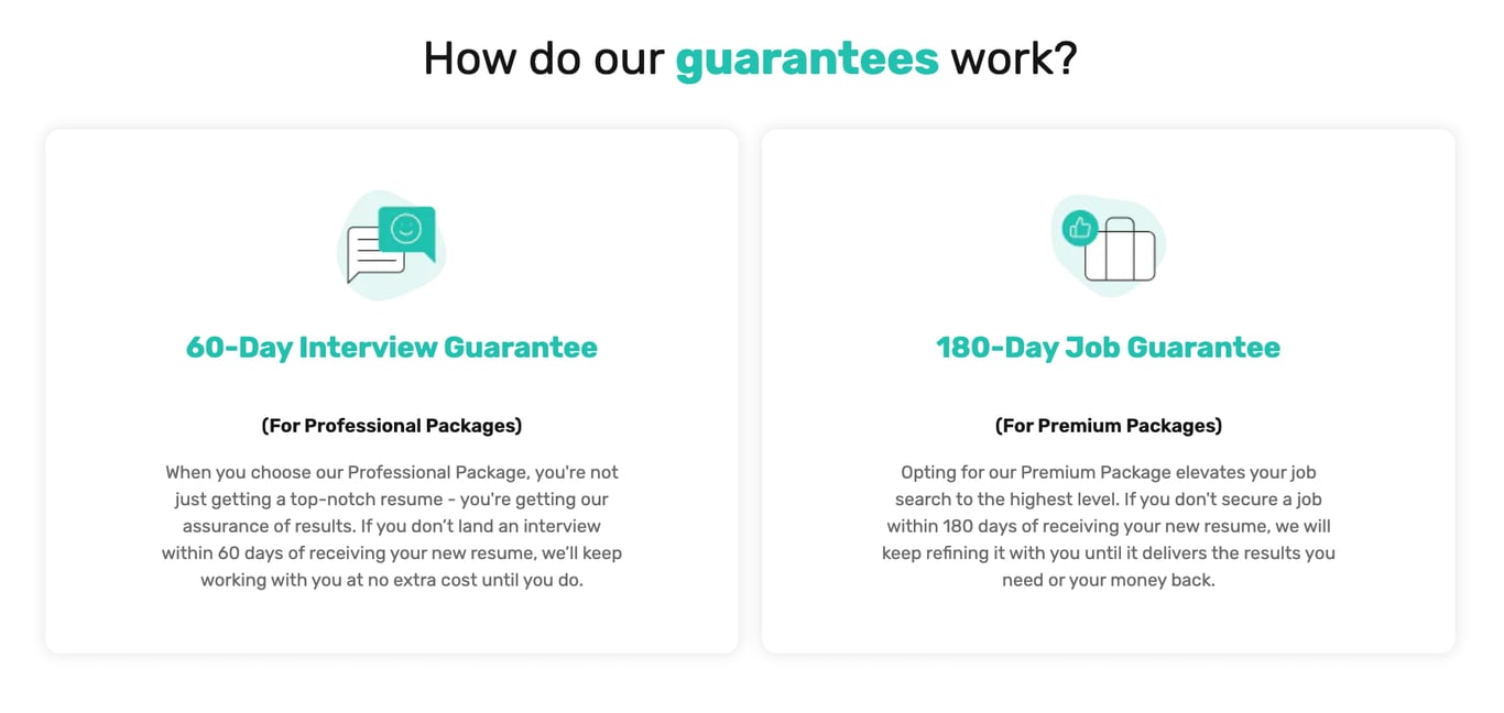 A screen shot of a Resumeble guarantee