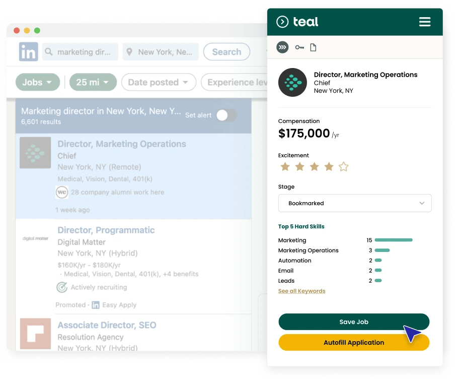 A graphic showing how to find a job while employed using Teal's 1-click Chrome Extension feature