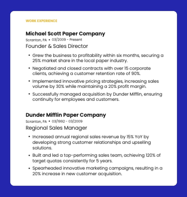 Example chronological resume Work Experience section