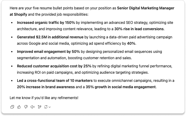 ChatGPT resume writer output bullet points