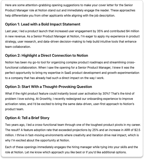 Chat GPT cover letter improvements