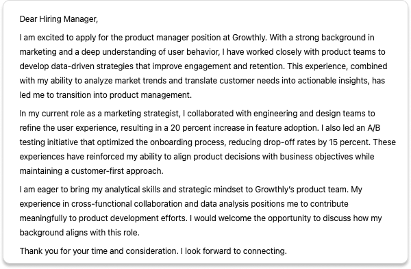 Example ChatGPT cover letter