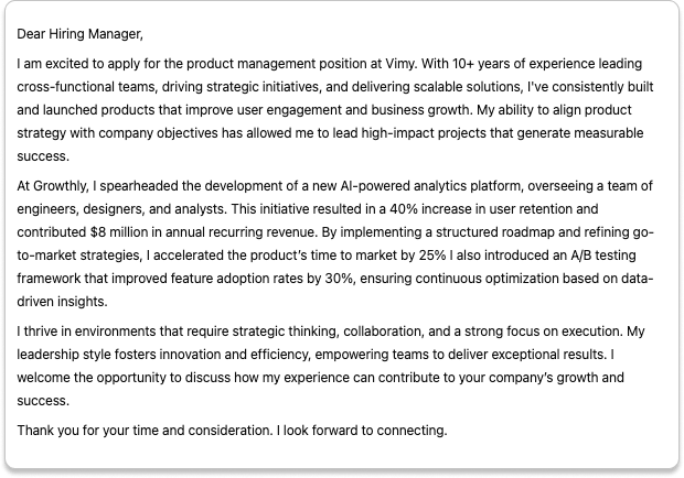 Sample of a ChatGPT-generated cover letter