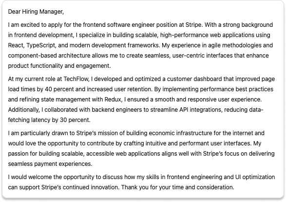 An ChatGPT example of an AI-generated cover letter 