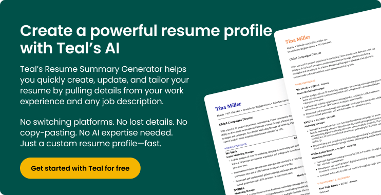 A graphic to write a resume profile with Teal