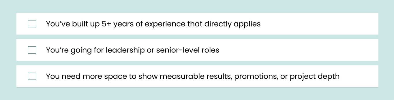 Checklist for deciding between one vs two page resume