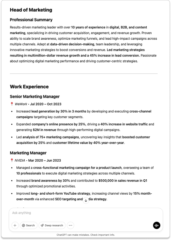 ChatGPT resume prompt output resume