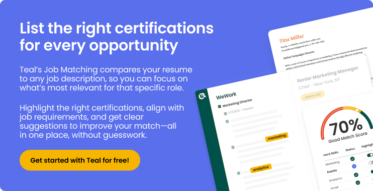 How to list certifications on resume with Teal's Job Matching