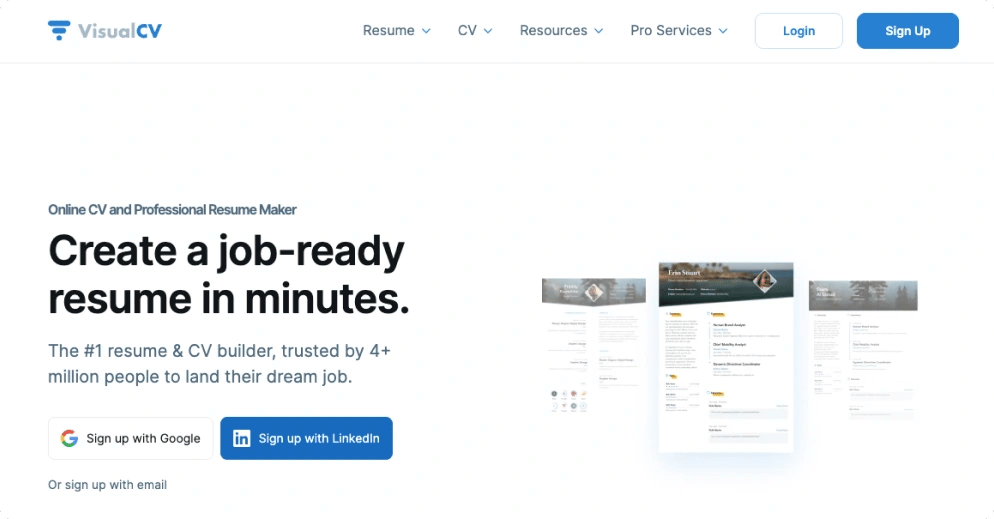 VisualCV's homepage as one of the best AI resume builders for tracking resume performance and engagement”