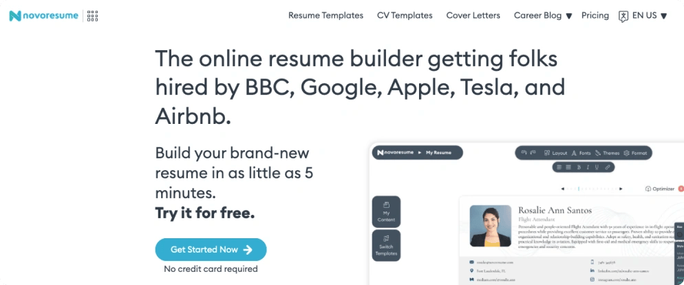 One of the best AI resume builders for modern templates and guided editing, Novoresume's homepage image