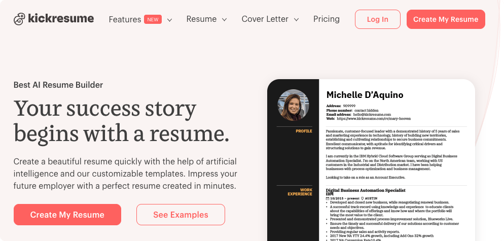 One of many best AI resume builders for quickly generating content, Kickresume's homepage