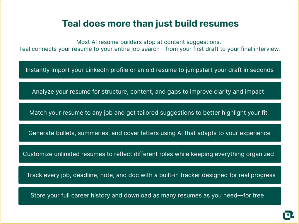 Features of one of the top AI resume builders, Teal