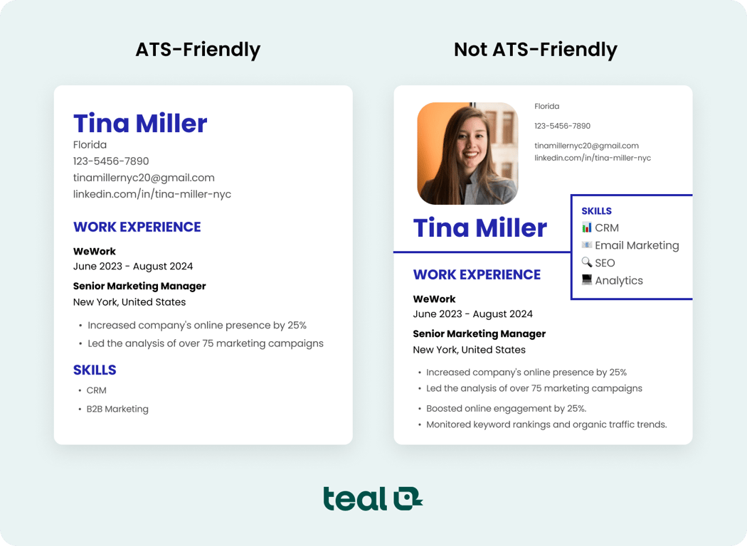 Clean ATS-friendly resume vs. Not ATS-friendly resume with graphics and images