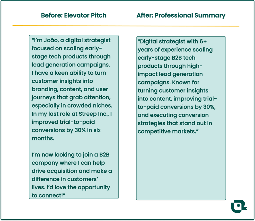 Elevator pitch templated turned into a professional summary