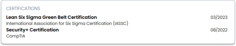 Additional information on resume - certifications