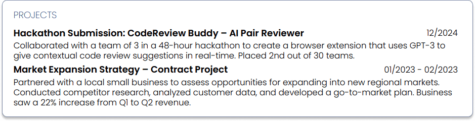 Additional information on resume - projects